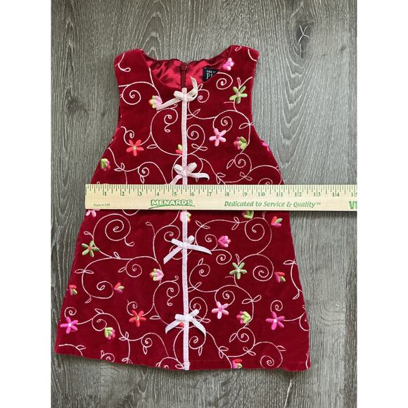 Vintage Children's Place Sleeveless Red Velour Floral Embroidered Dress - Picture 5 of 11